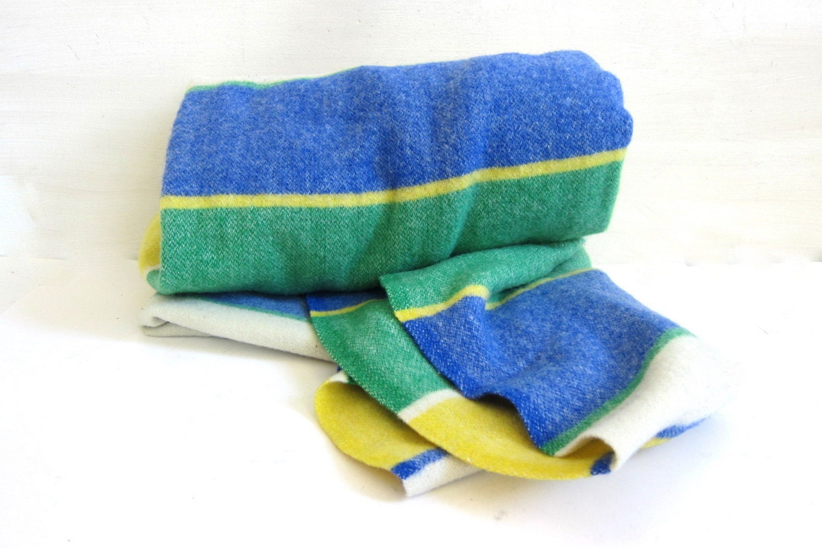 vintage onkaparinga Wool Camp Blanket / green yellow and blue