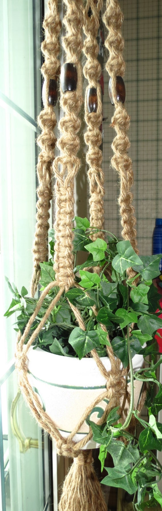 45" Jute Macrame Plant Hanger, 6 Ply Jute, 4 Bar, 4 Wood beads