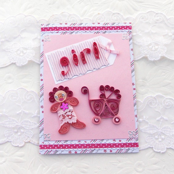 Items similar to Girl Card Paper Quilling Paper QuilledNewborn Baby Girl Pram Paper Doll