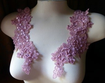 Rose Pink Beaded Lace Applique PAIR for Lyrical Dance, Bridal, Headbands, Costume Design PR 612rose