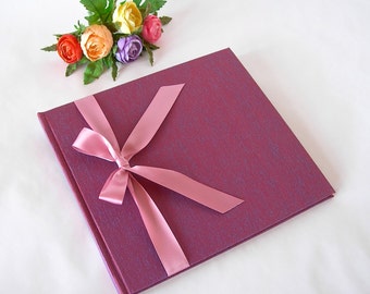 Guest book unlined - luminescent violet with rosy mauve satin tie - 8x9in 20x23cm - Ready to ship