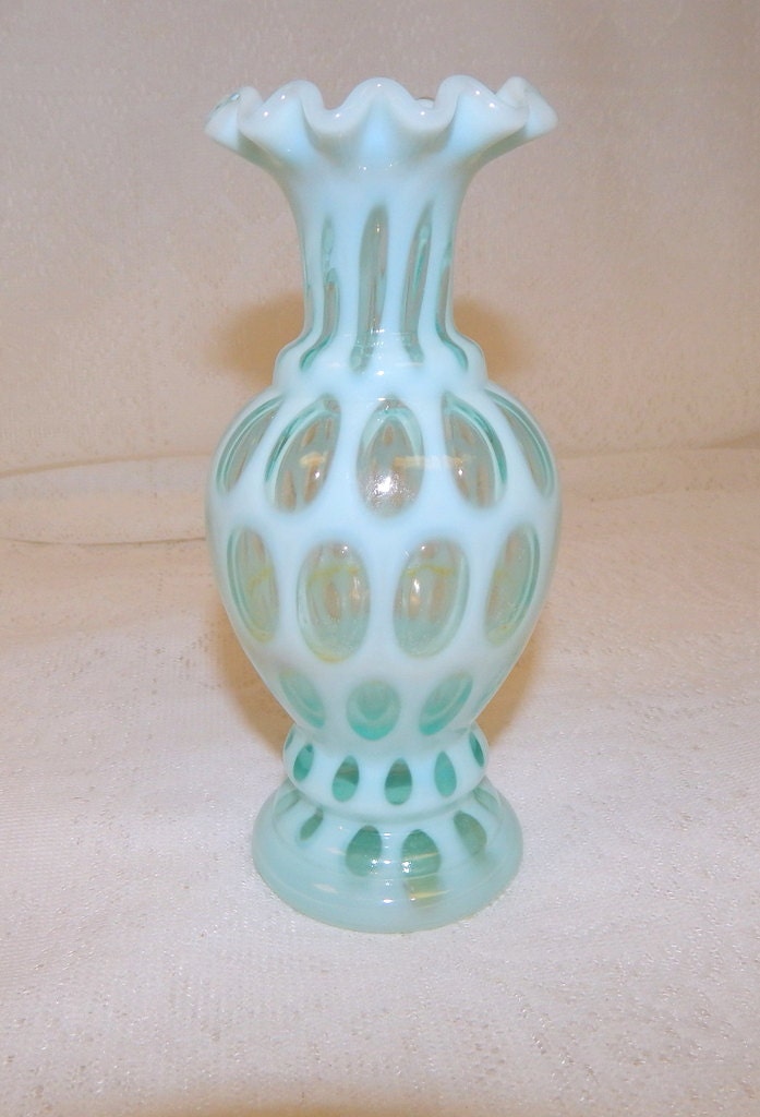 Fenton Blue Coin Dot Glass Vase Ruffled Top 4479