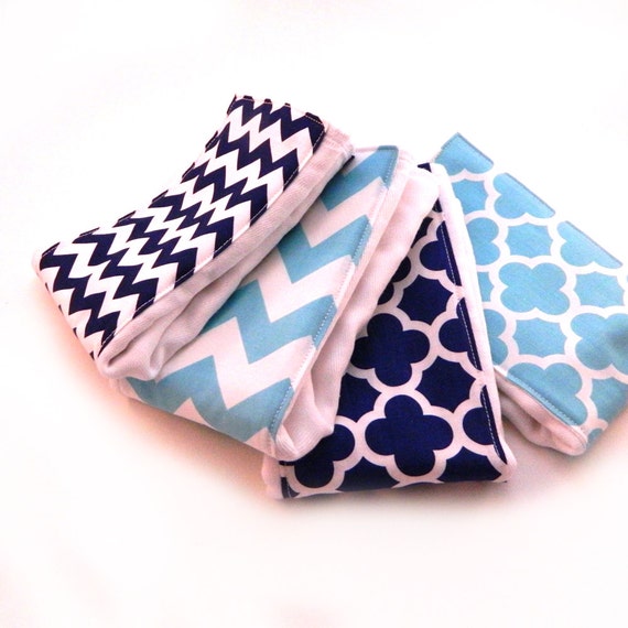 Quatrefoil and Chevron Boy Burp Cloths -Navy Blue Aqua - Your Choice- Set of 4, Baby Clothes Diaper Burp Cloth // Chevron Burp Cloth