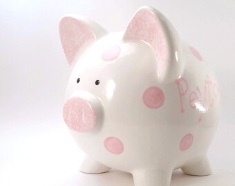 Polka Dot Piggy Bank - Personalized Piggy Bank - Ceramic Piggy Bank - Fun Kids Piggy Bank - with hole or NO hole in bottom - Made in the USA