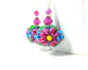 Bright Pink Floral Earrings, Colorful Dangle Earrings, Garden Earrings, Nature Inspired Jewelry Lampwork Earrings, Flower Earrings - Molly