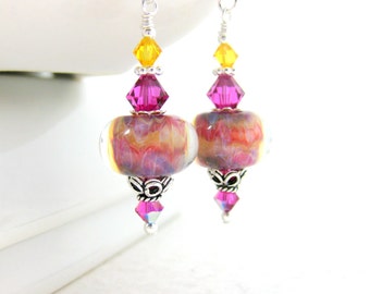 Glass Dangle Earrings, Pink Yellow Purple Earrings, Sterling Silver Earrings, Colorful Glass Jewelry, Boro Lampwork Earrings, Boho Earrings
