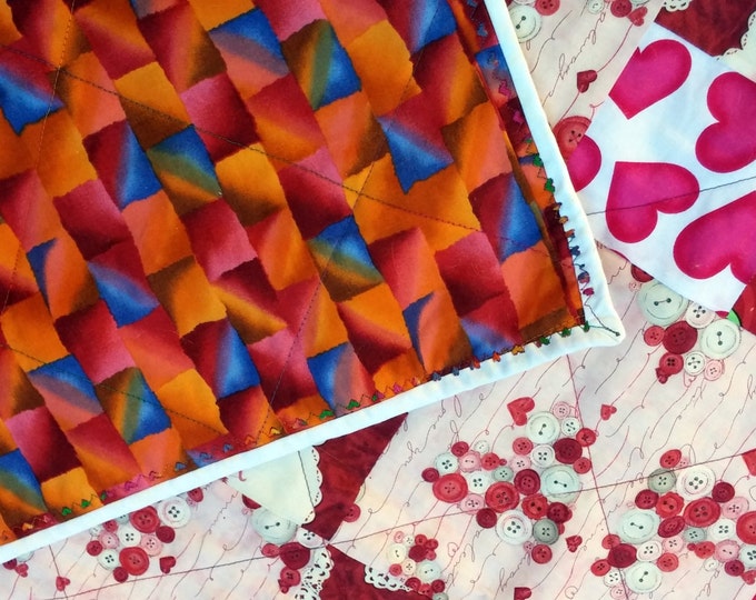 Handmade Heart Lap Quilt, Heart Decor, Red and White Blanket, Pink Heart Decor