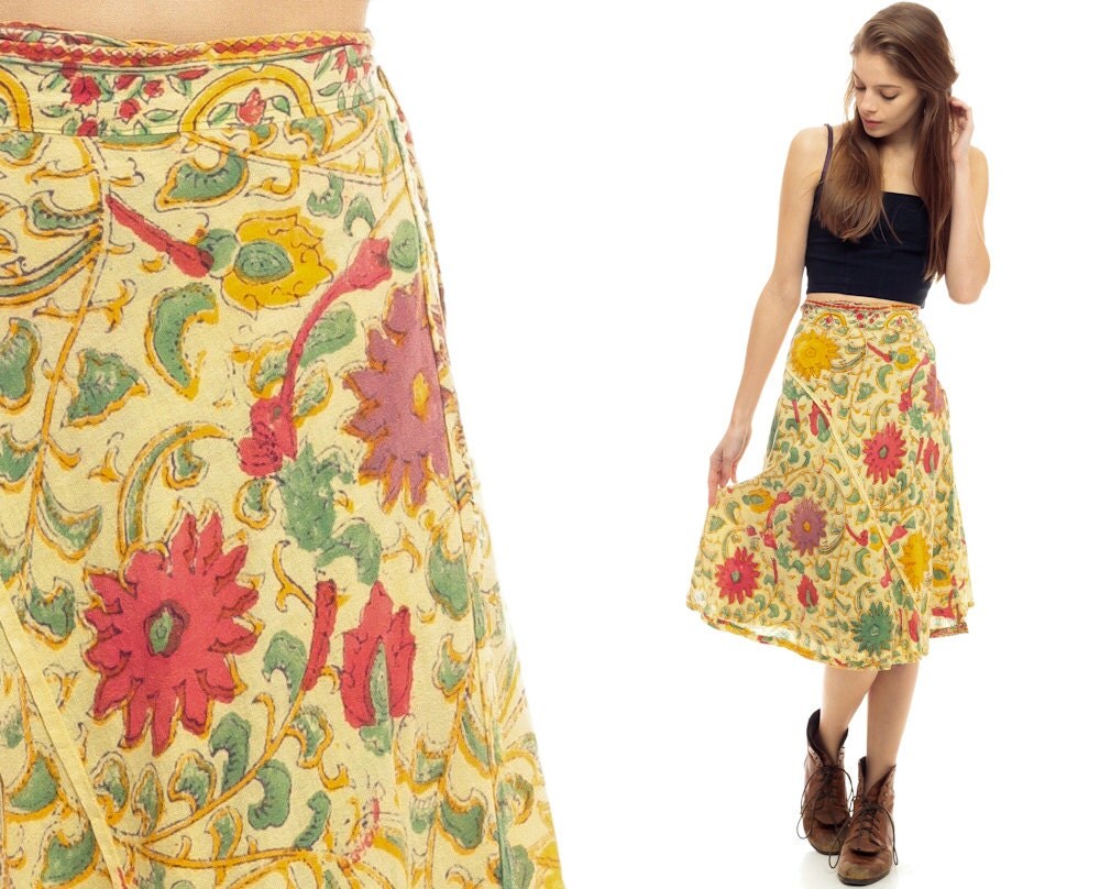 Hippie Wrap Skirt 70s Ethnic FLORAL Batik Midi Gypsy 1970s Boho Cotton