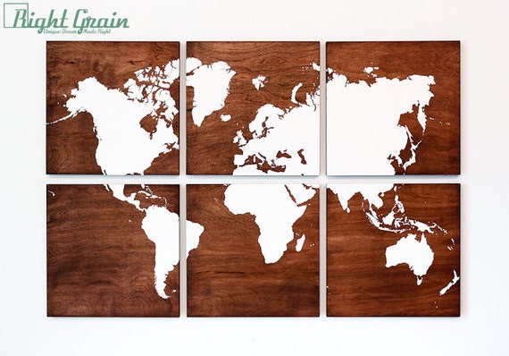 Wood World Map Wall Art On Stained Woodgrain Panels By