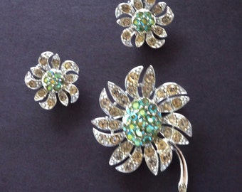 Vintage Rhinestone Brooch Earrings Set Sarah Coventry Mountain Flower Aurora Borealis Peridot Green 1968