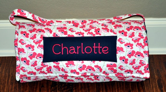 Nap Mat - Monogrammed Pink Poppies Nap Mat with Navy Minky Dot Blanket