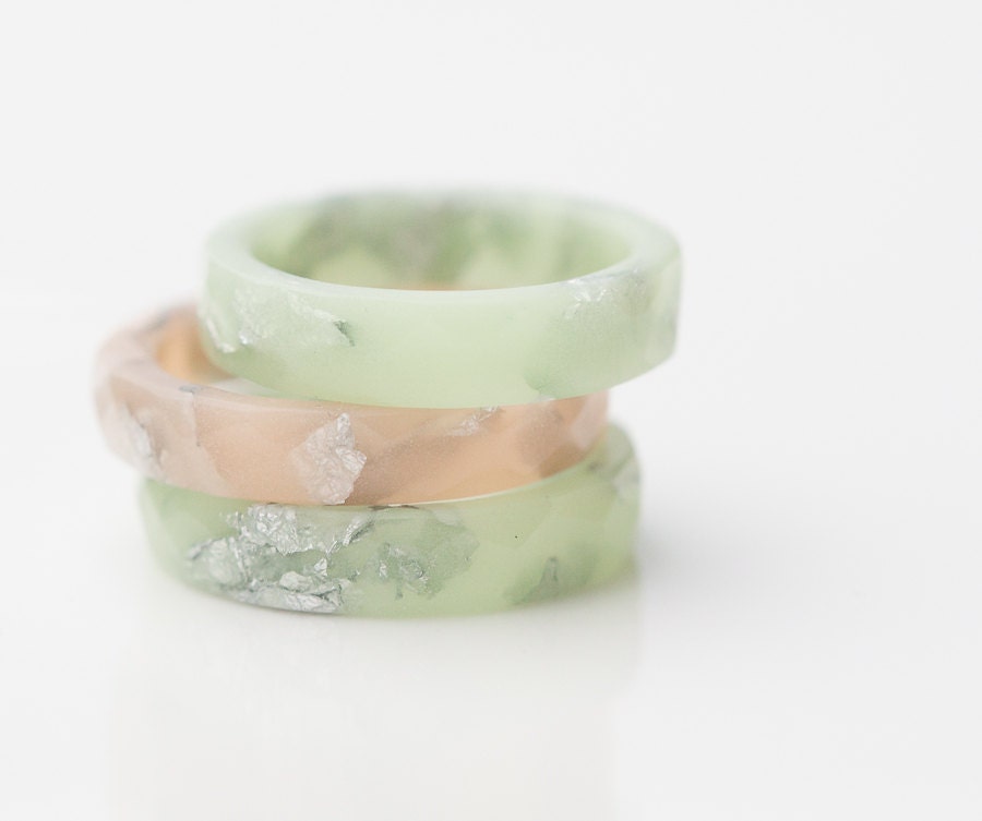 Pastel Resin Ring Lucite Green Stacking Ring Silver by daimblond