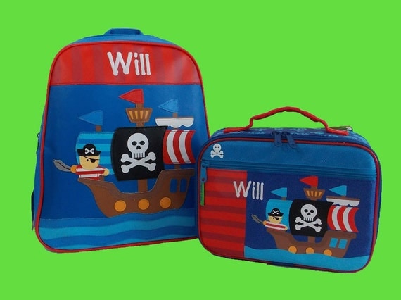 Child's Personalized Stephen Joseph GoGo PIRATE Themed Backpack and Lunchbox School Set-Monogramming Included In Price