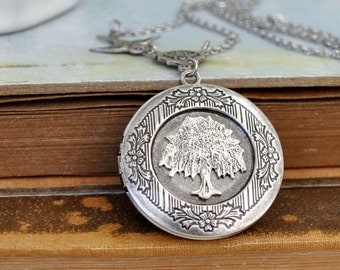 silver locket necklace, TREE OF LIFE antiqued silver tree locket necklace