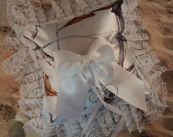 Snow Camo Camouflage Satin Square Lace White Bow Wedding Ring Bearer Pillow