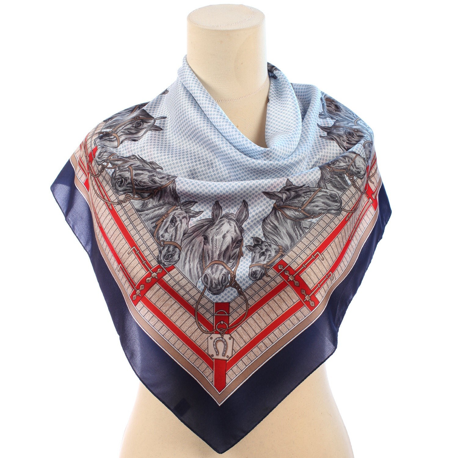 EQUESTRIAN Print Scarf Vintage 80s Novelty Horse Print Preppy Neck Wear