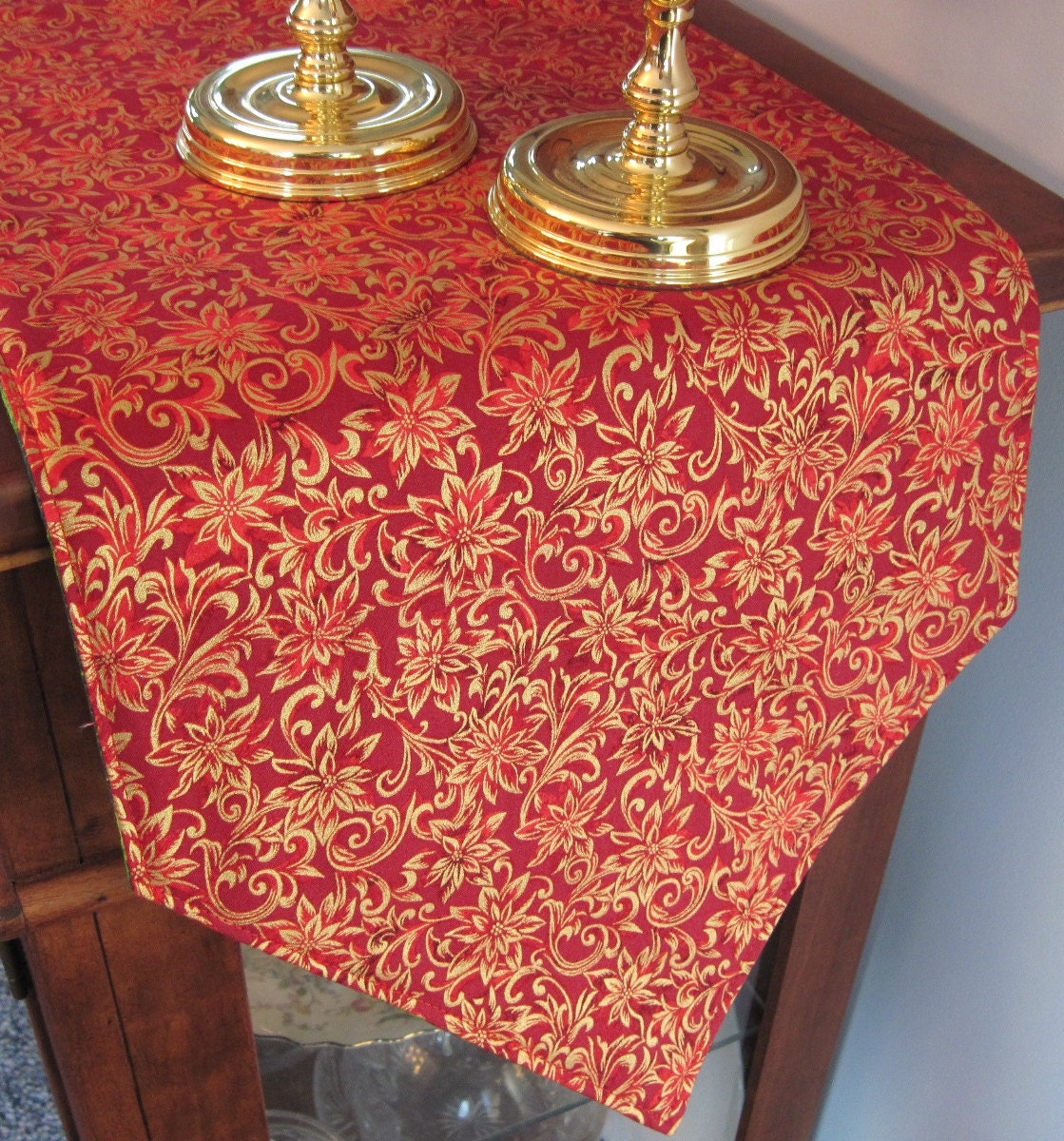 Gold Poinsettia 54 Table Runner Christmas Red Poinsettia