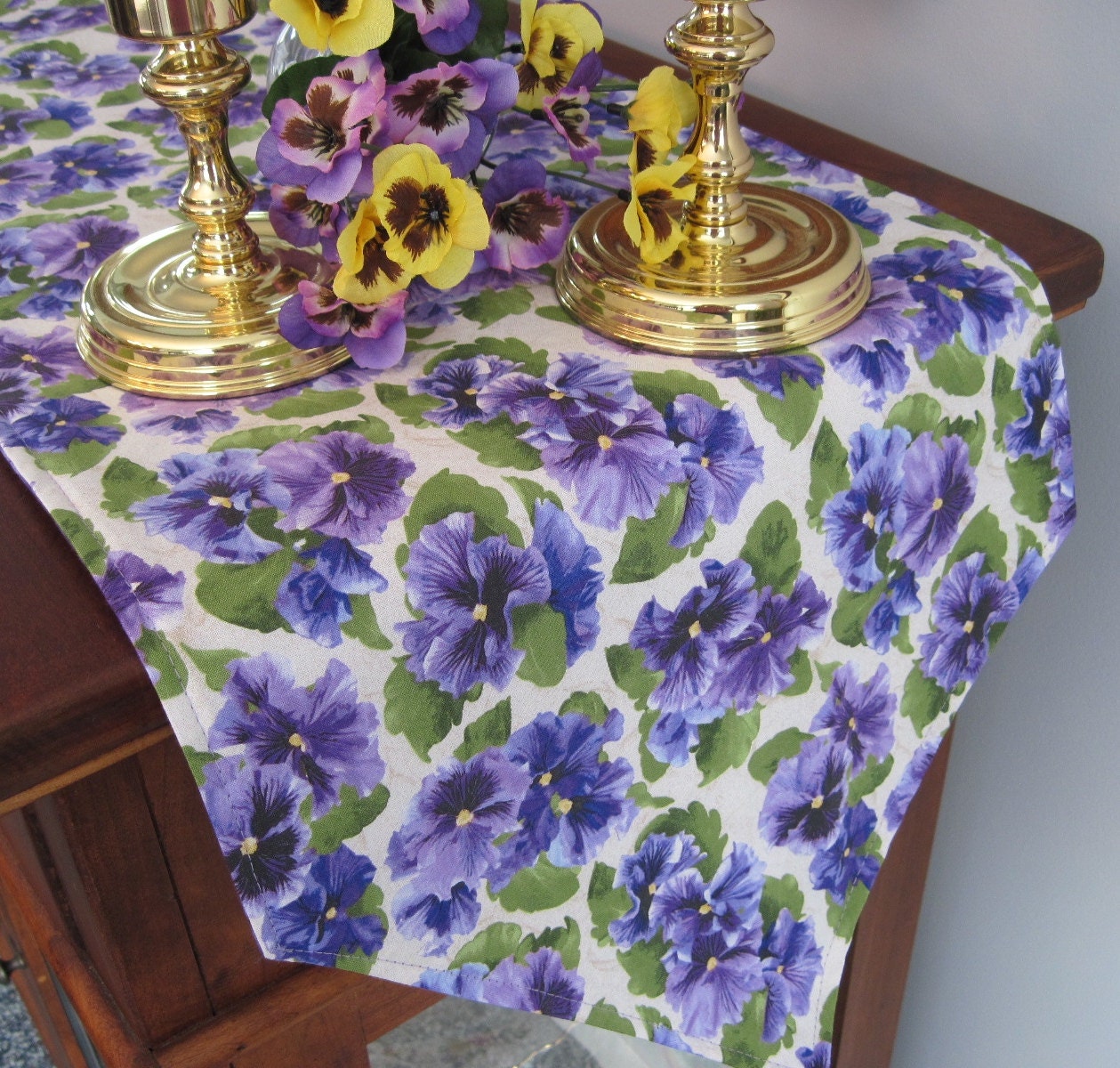 Purple Pansy Table Runner 54 inch Reversible Purple Table