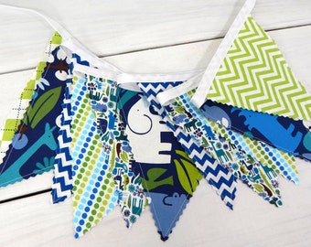 Bunting Fabric Banner Fabric Flags Baby Nursery Decor - Circus, Zoo, Blue, Lime Green Animals, Giraffes, Chevron, Dots