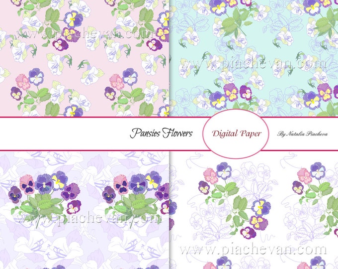 Digital paper with Pansies Flowers, bouquet, botanical, Mothers day, watercolor, spring , hand drawing, pansy, wedding, wedding invitation
