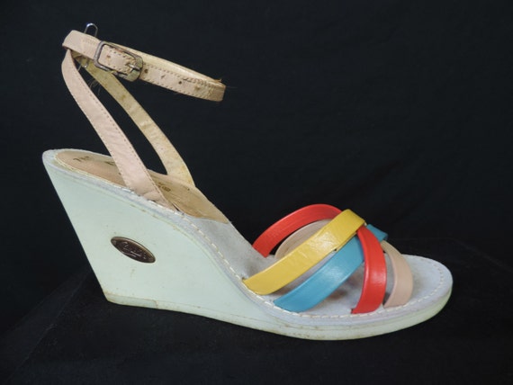 vintage rainbow wedge sandals. 1970's strappy candie's platform shoes ...