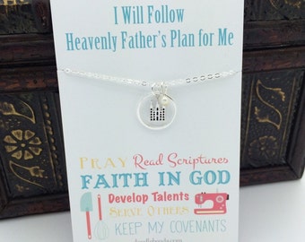 Faith in God for Girls Achievements - lds temple necklace- silver salt lake temple necklace carded gift with message primary LDS gift ideas