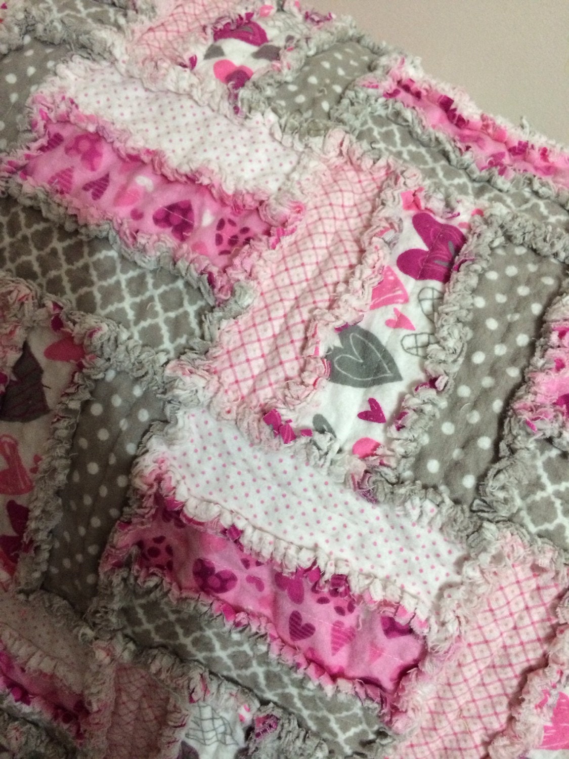 Baby Girl Flannel Rag Quilt Pink and Gray Baby by plumbtreelane