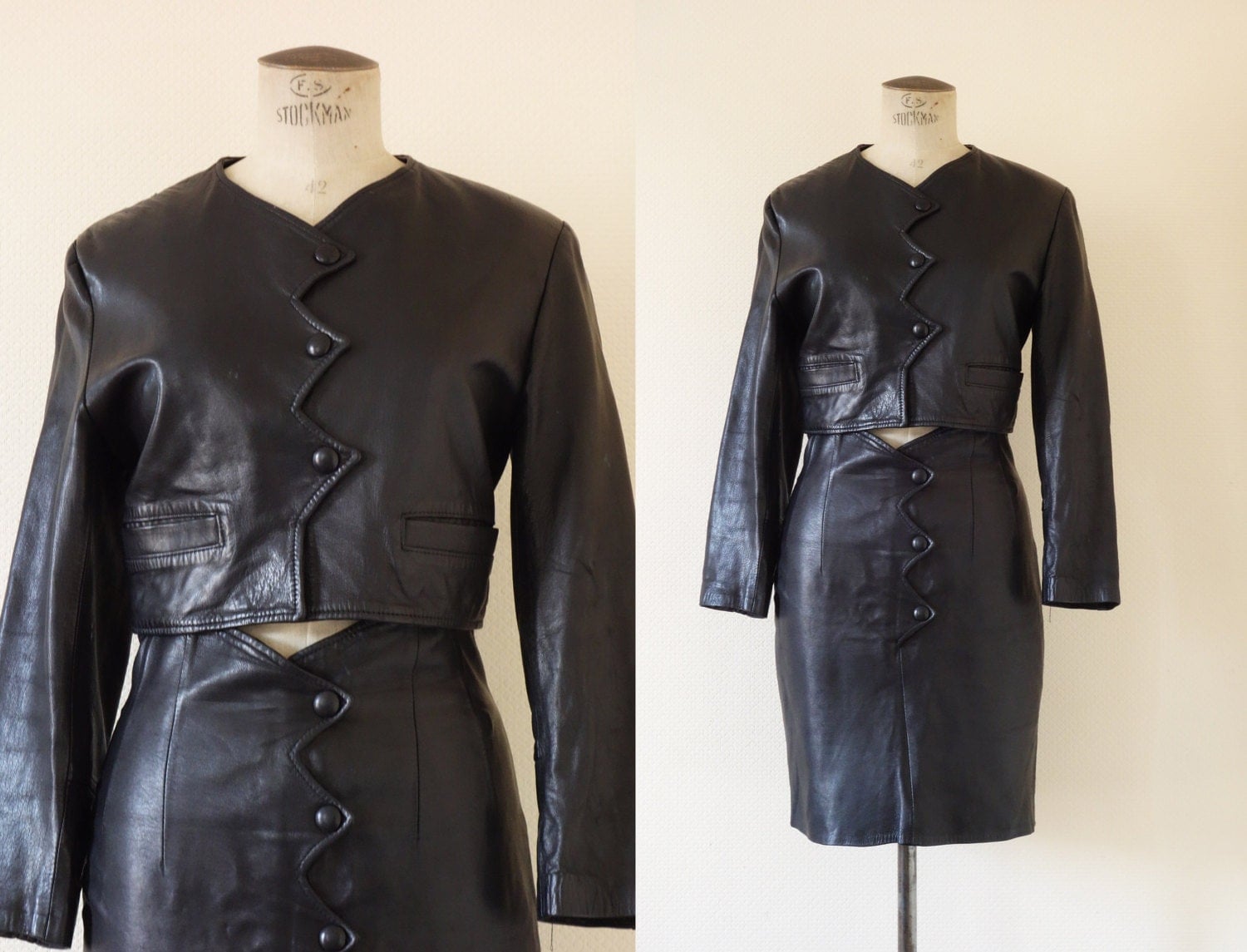 Black leather suit 1980's highwaisted skirt by CubesandSquirrels