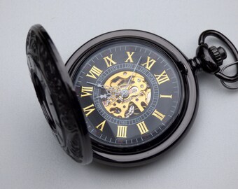 Premium Black and Gold Engraved Pocket Watch with Watch Chain, 17 Jewel Mechanical Watch - Groomsmen Gift - Wedding Gift Sets - Item MPW08g