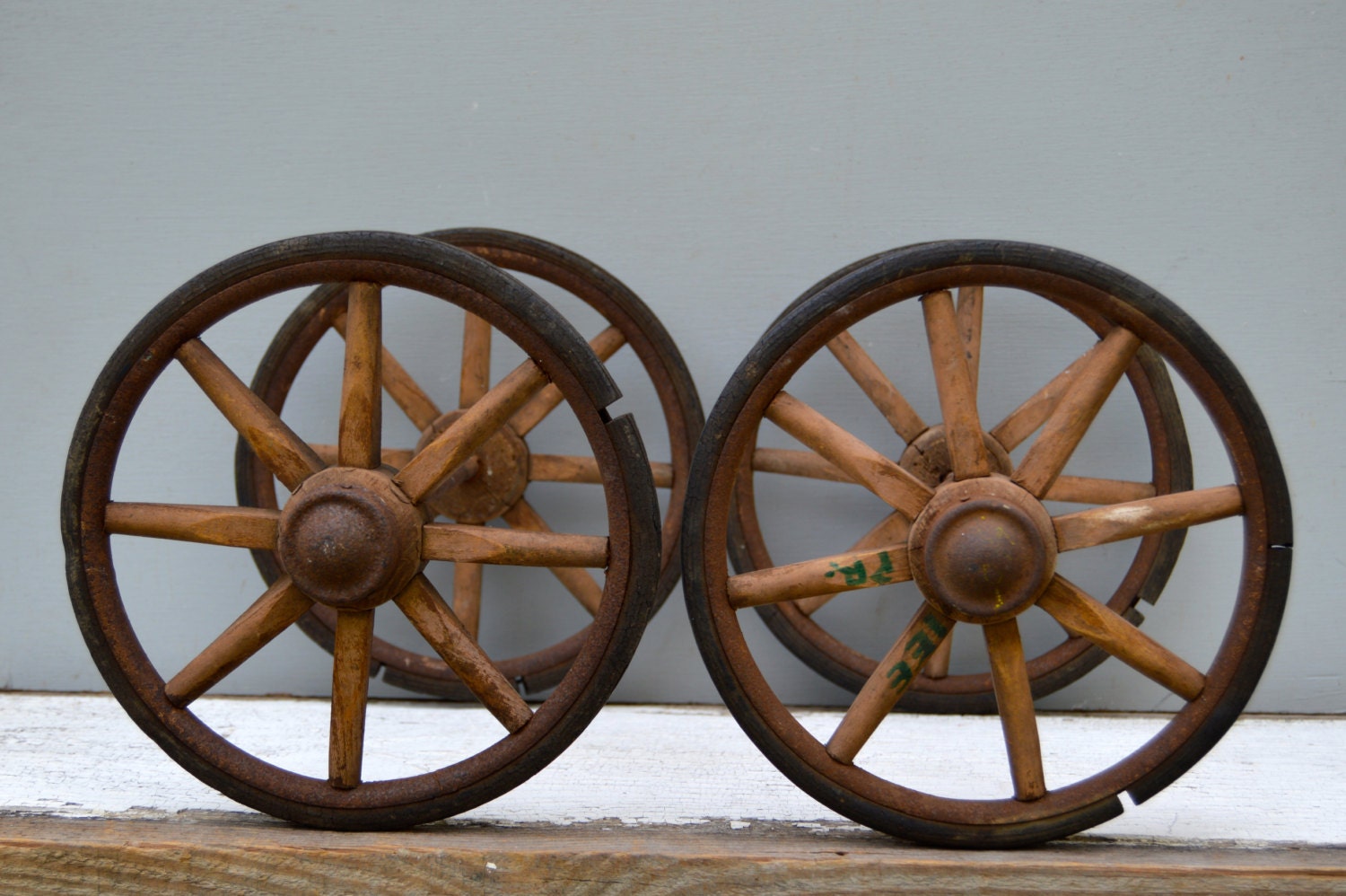 4 Antique Wood Wagon Wheels . 2 Axels . Wooden Spokes