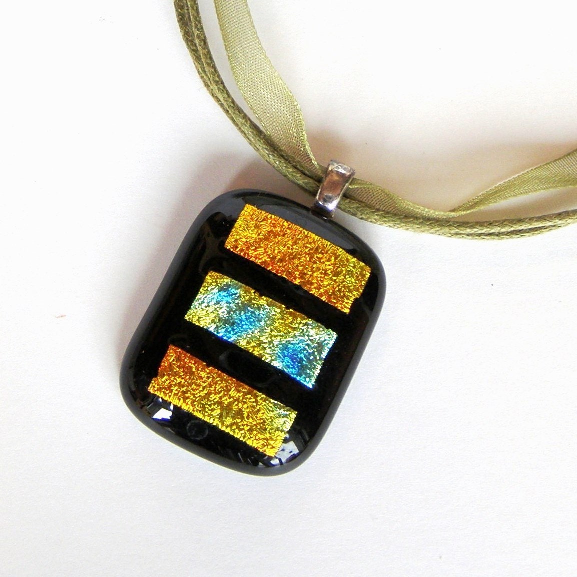 Fused Glass Pendant Gold and Black Dichroic Glass Necklace