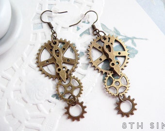 Antique Bronze Gear Earrings, Steampunk Earrings, Clockwork Earrings, Steampunk Gift, Steampunk Gear Earrings, Engineer Gift, Brass Gears