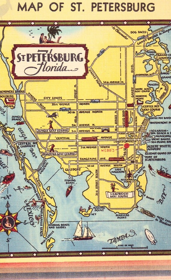 St. Petersburg Map Postcard, Vintage Unused Florida Souvenir Card