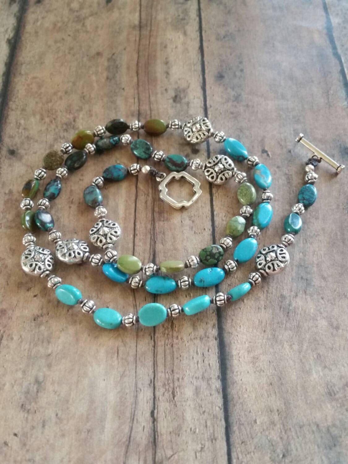 Long/Dainty Turquoise Necklace/ Silver Beads