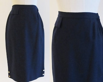 Vintage 1950's Navy Blue Pencil Skirt / Blue Wool High Waist Skirt / Jo Collins Size Small