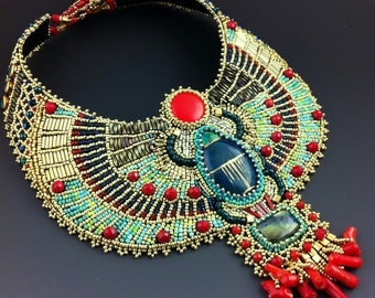 Sun Scarab -Custom Made To Order- Bead Embroidered Egyptian Scarab Necklace, Statement Collar Necklace
