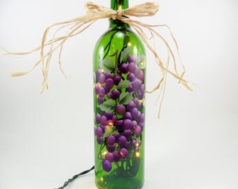 Lighted Wine Bottle Purple Grapes Hand Painted Bottle Light Recycled 750ml
