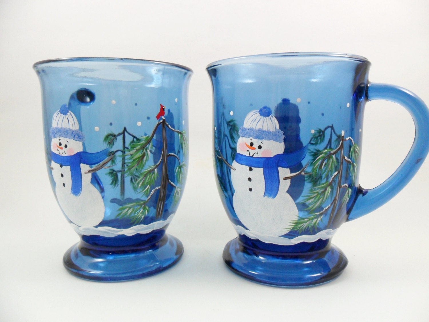 Snowman Coffee Mug Cobalt Blue Cup Hand Painted Set of 2