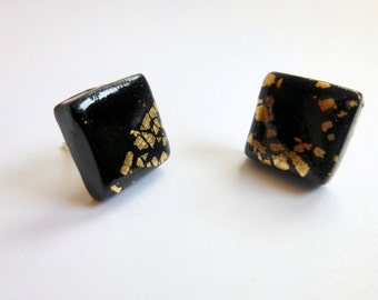 Black Stud Earrings Black Square Stud Earrings Black Post Earrings Black Square Post Earrings Polymer Clay Earrings Hand Made