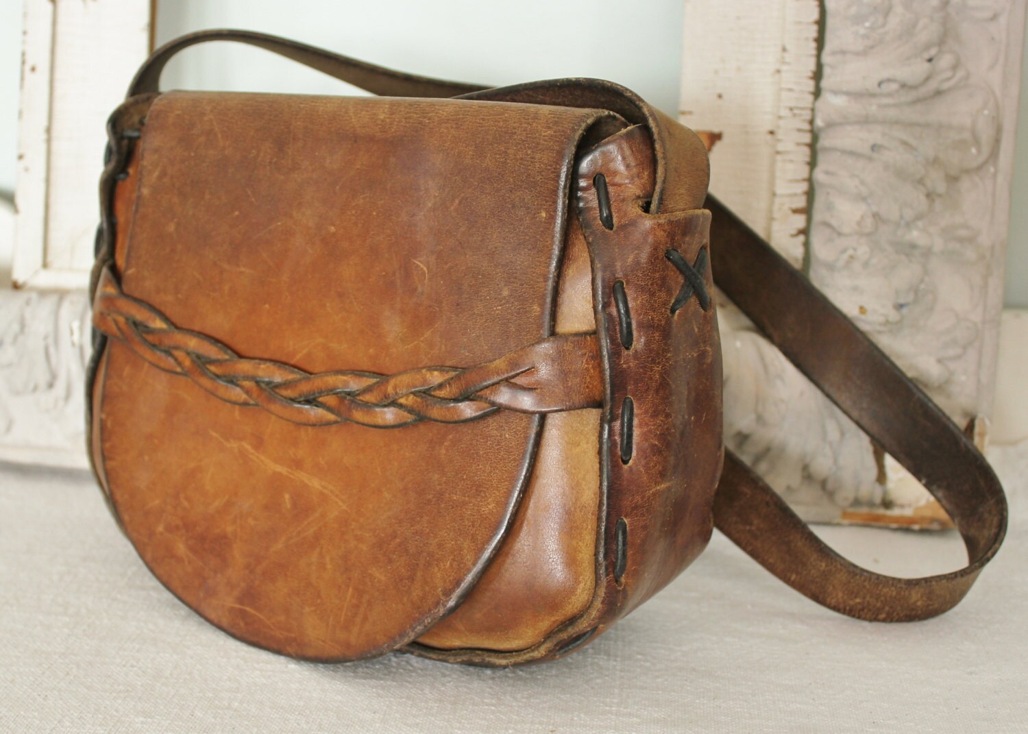 Vintage 1970s Hand Made Leather Hippie Purse by robinseggbleunest