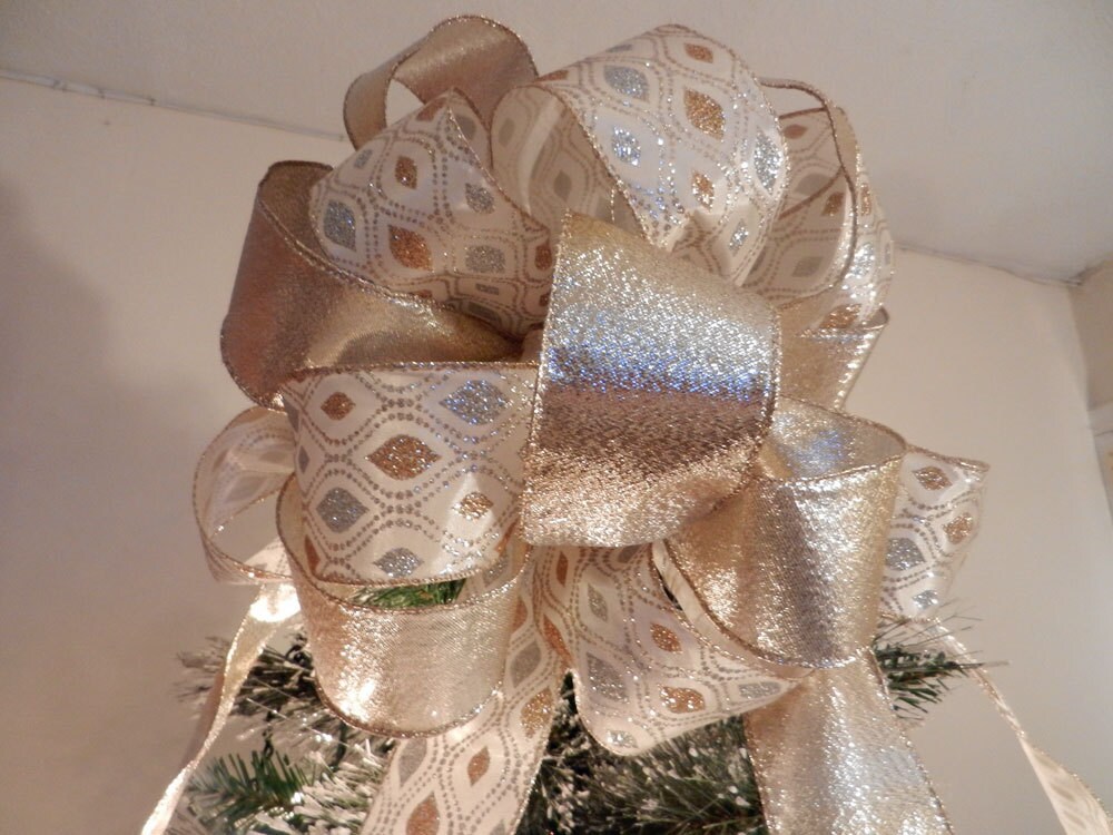 Christmas tree topper bow Ivory ribbon with silver and gold