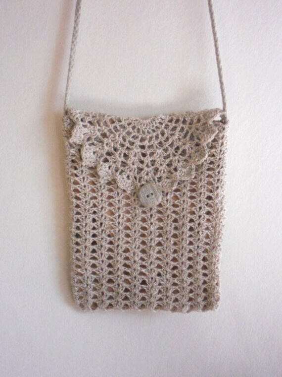 Travel wallet purse crochet lace natural beige gray linen