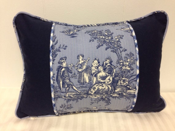 Items similar to French Country Toile Pillow Cover in navy, blue and ...