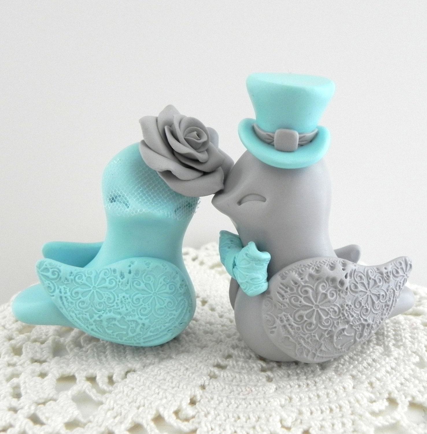 Love Birds Wedding Cake Topper Robin Egg Blue and Grey Bride