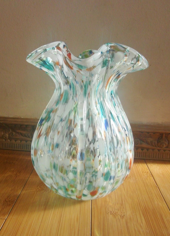 Vintage Murano glass vase speckled hand blown glass clear
