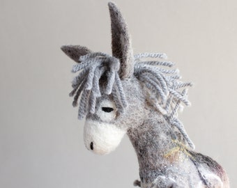 Felt Toy - Serafim - Felted Donkey. Art Toy. Marionette, Puppet, Stuffed plush animal for kids Room decor baby shower gift . grey gray.