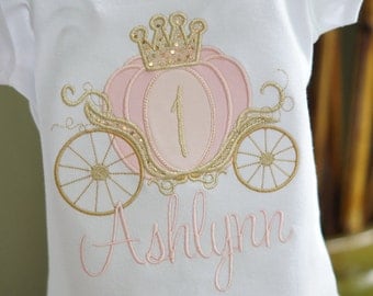 Pink and Gold Cinderella Carriage Princess Birthday Toddler Tee Shirt - First Birthday or ANY AGE - Princess Party