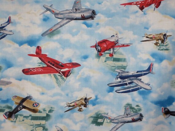 Colorful Vintage Airplane Print Pure Cotton by fabricsandtrimmings