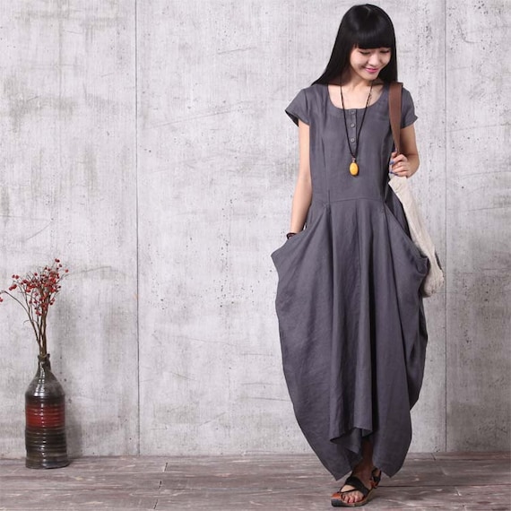 Casual Loose Fitting Short Sleeved Linen Long Dress Gray