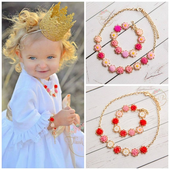 Little girls necklaces, Little girls flower necklace, Little girls bracelet, Shabby Chic Romantic flower necklace, Birthday Necklace, by ThinkPinkBows